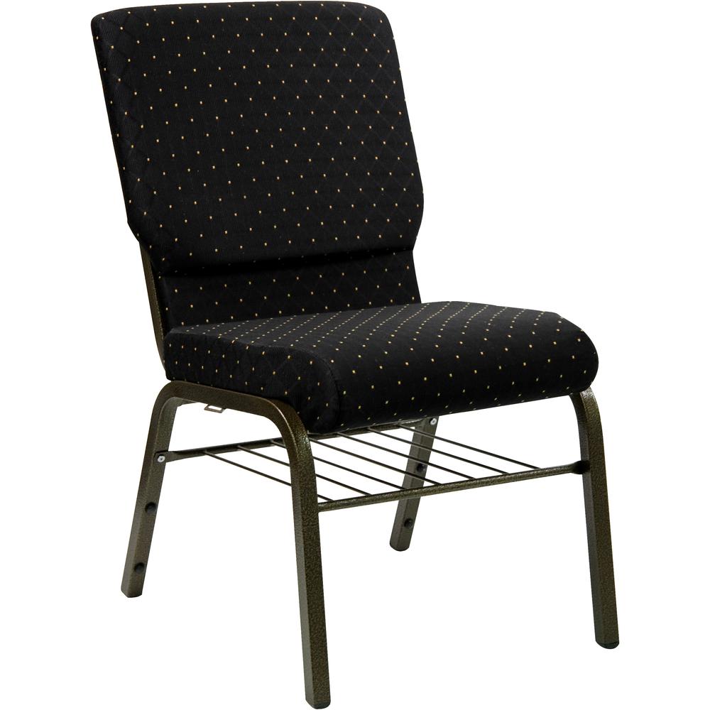 18.5''W Church Chair in Black Dot Fabric with Book Rack - Gold Vein Frame. Picture 1