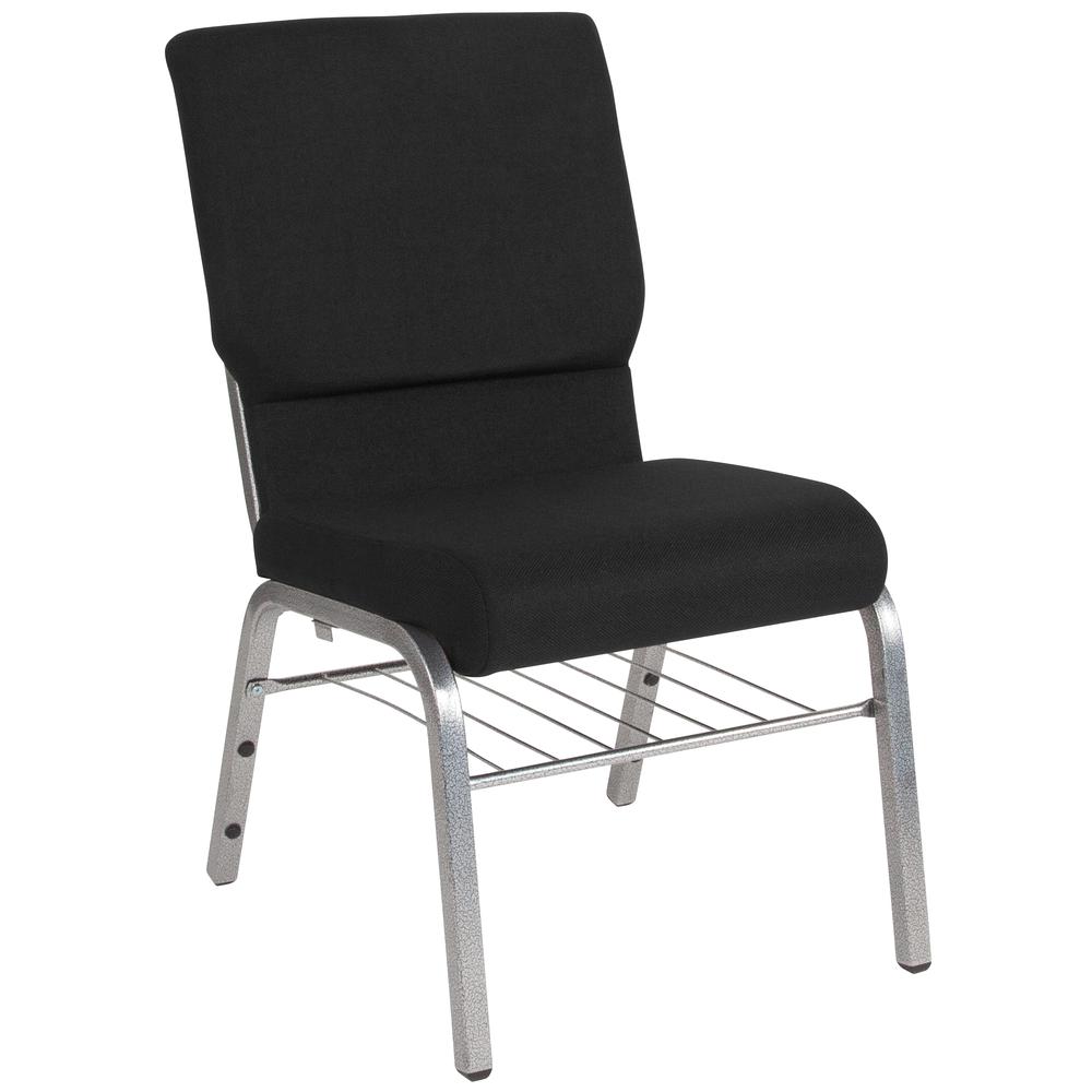 18.5''W Church Chair in Black Fabric with Book Rack - Silver Vein Frame. Picture 1
