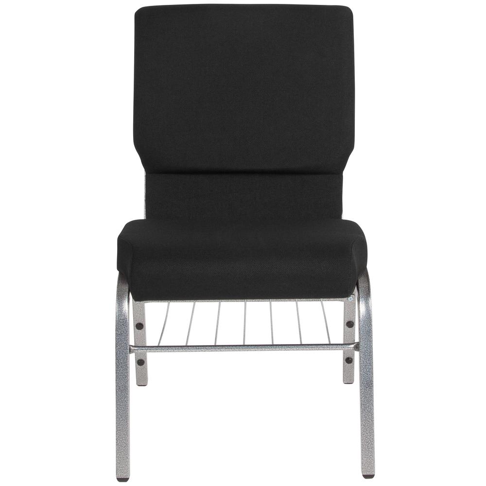 18.5''W Church Chair in Black Fabric with Book Rack - Silver Vein Frame. Picture 4
