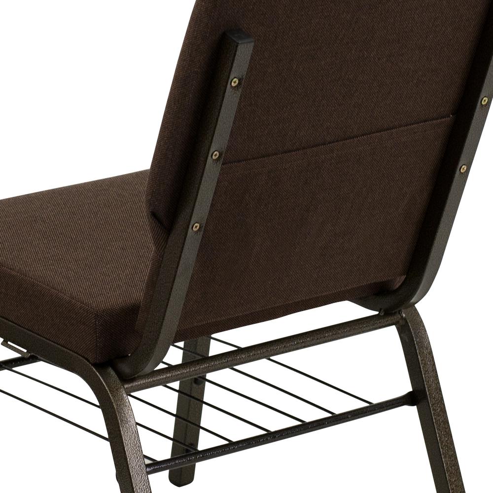 18.5''W Church Chair in Brown Fabric with Book Rack - Gold Vein Frame. Picture 6