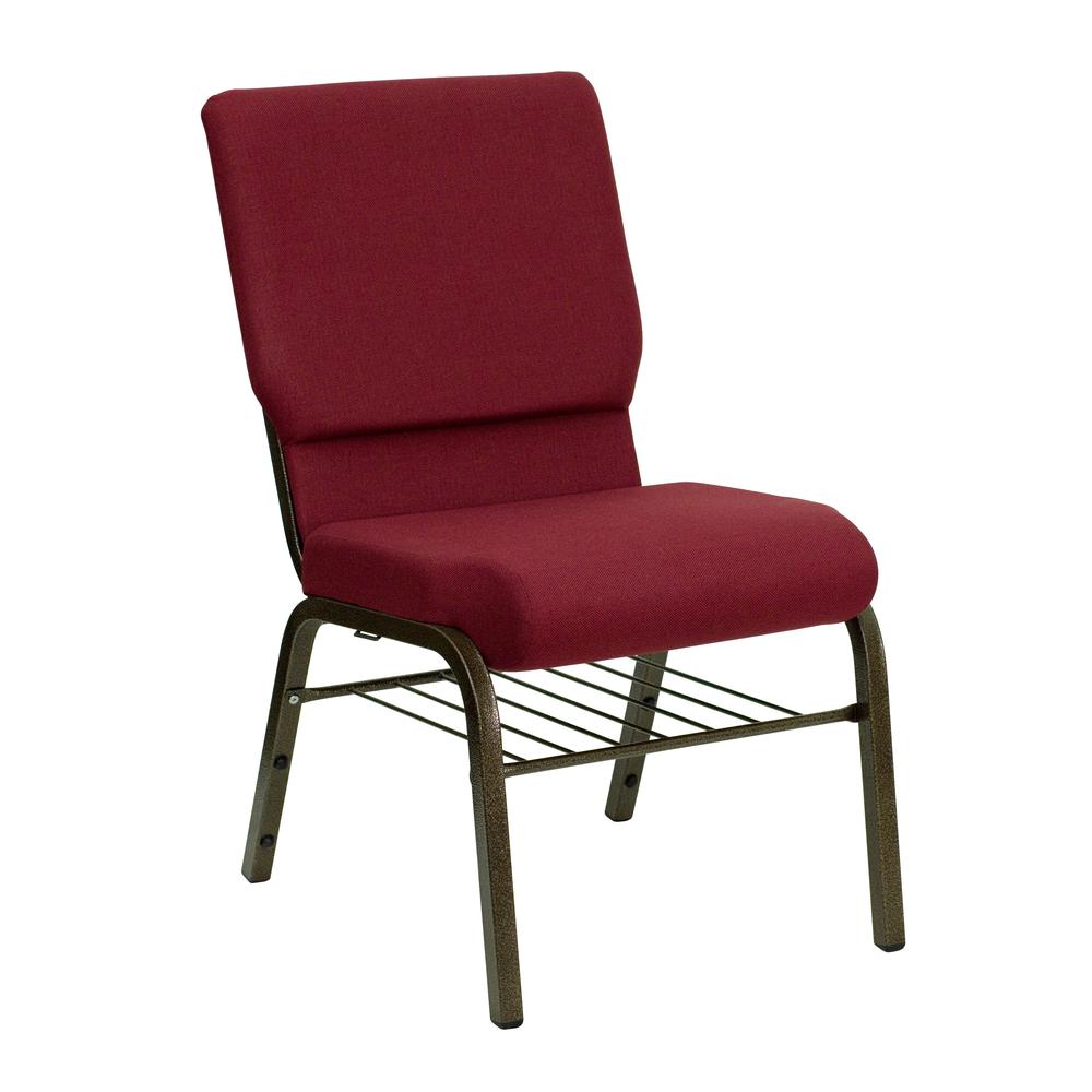 HERCULES Series 18.5''W Church Chair in Burgundy Fabric with Book Rack - Gold Vein Frame. Picture 1
