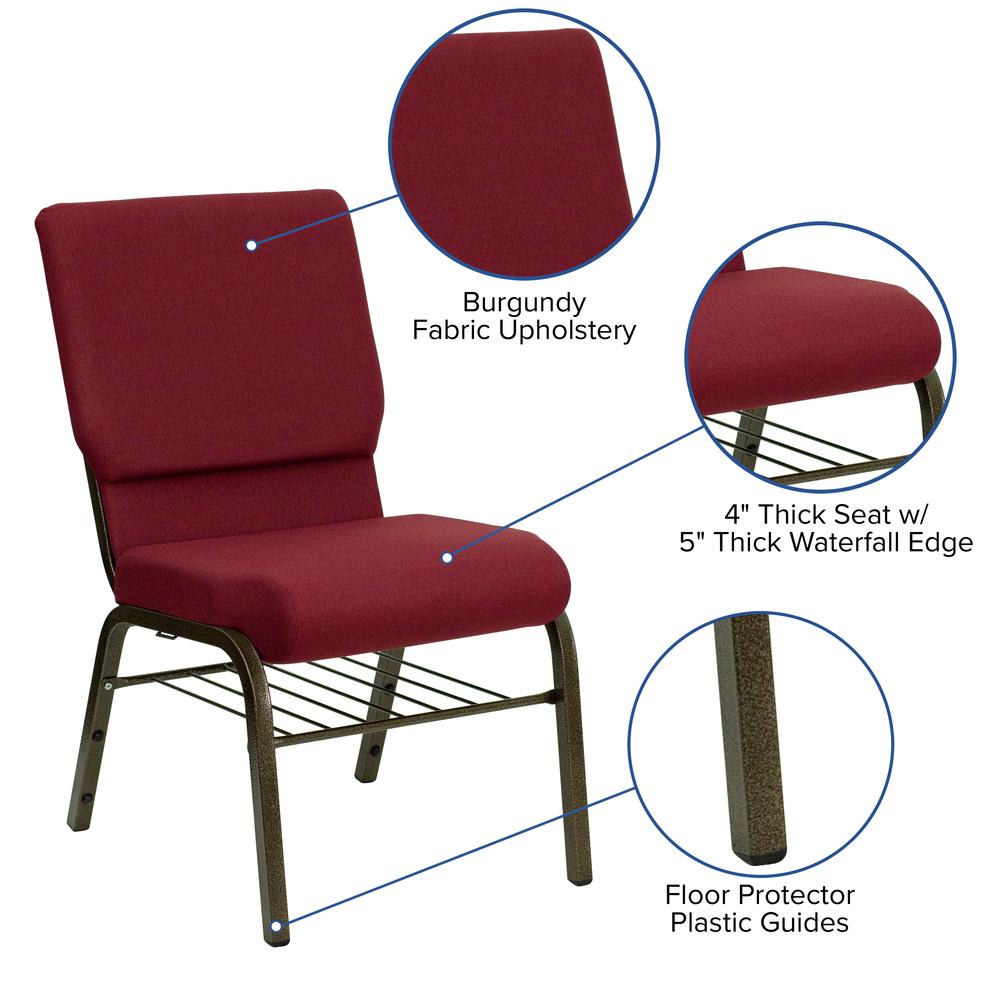 18.5''W Church Chair in Burgundy Fabric with Book Rack - Gold Vein Frame. Picture 5