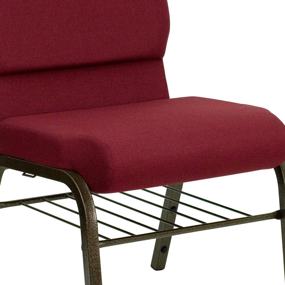 18.5''W Church Chair in Burgundy Fabric with Book Rack - Gold Vein Frame. Picture 6