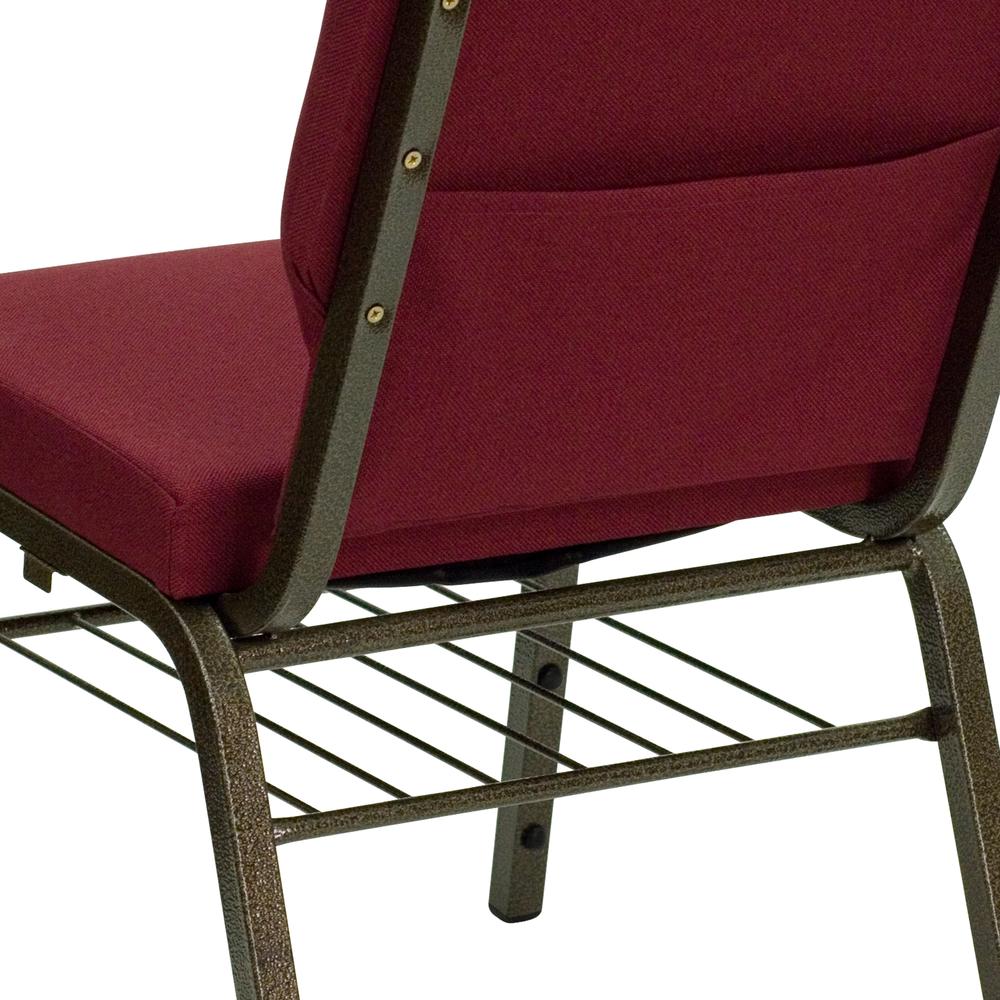 18.5''W Church Chair in Burgundy Fabric with Book Rack - Gold Vein Frame. Picture 7