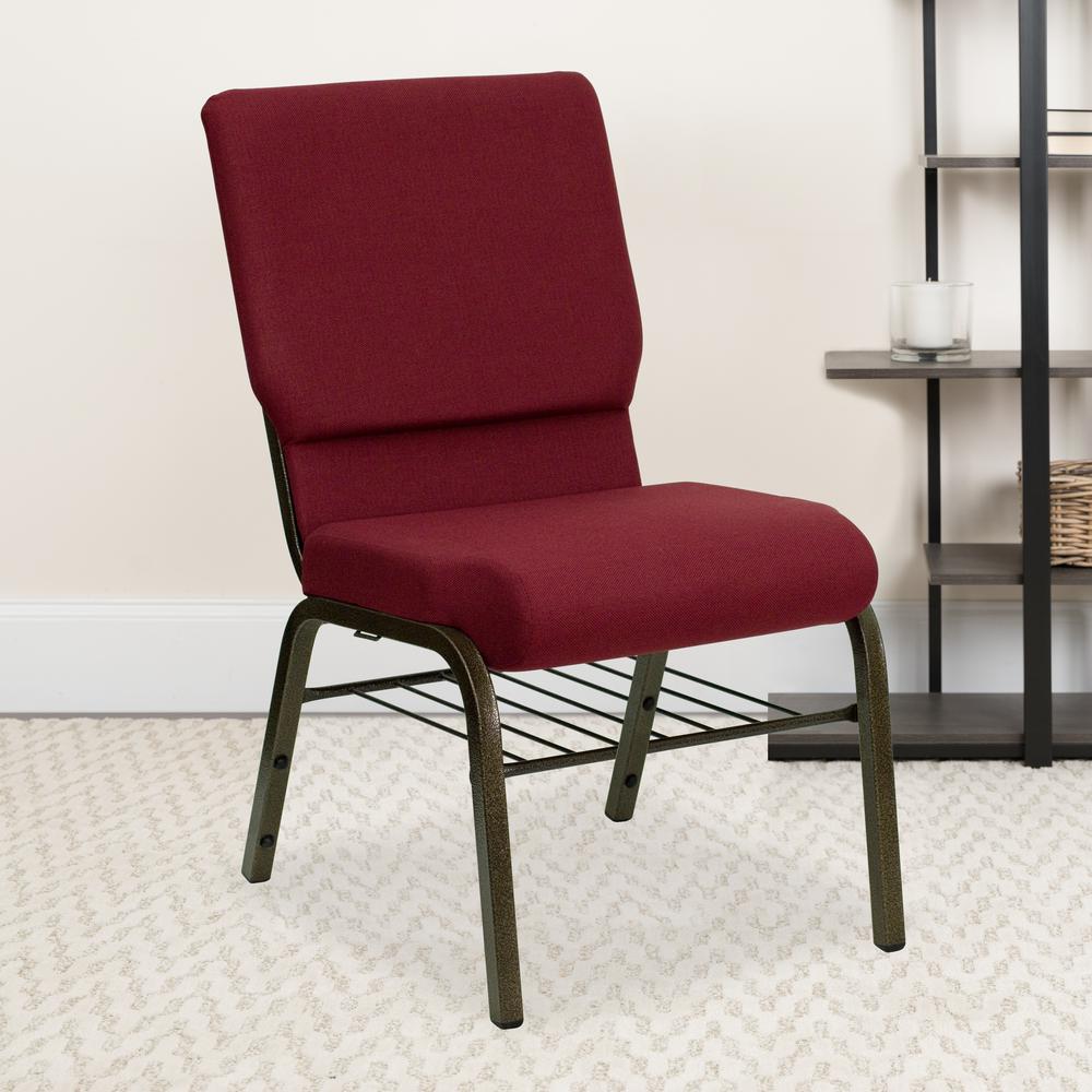 18.5''W Church Chair in Burgundy Fabric with Book Rack - Gold Vein Frame. Picture 8