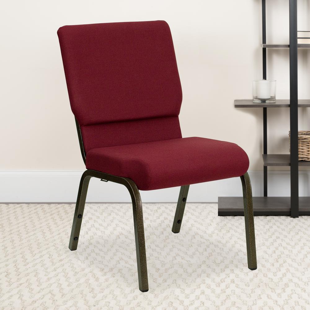18.5''W Stacking Church Chair in Burgundy Fabric - Gold Vein Frame. Picture 7