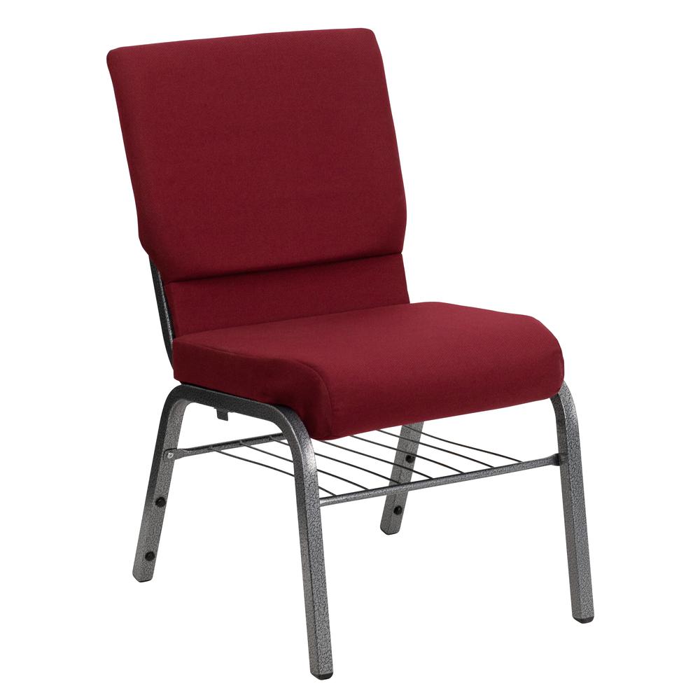 18.5''W Church Chair in Burgundy Fabric with Book Rack - Silver Vein Frame. Picture 1