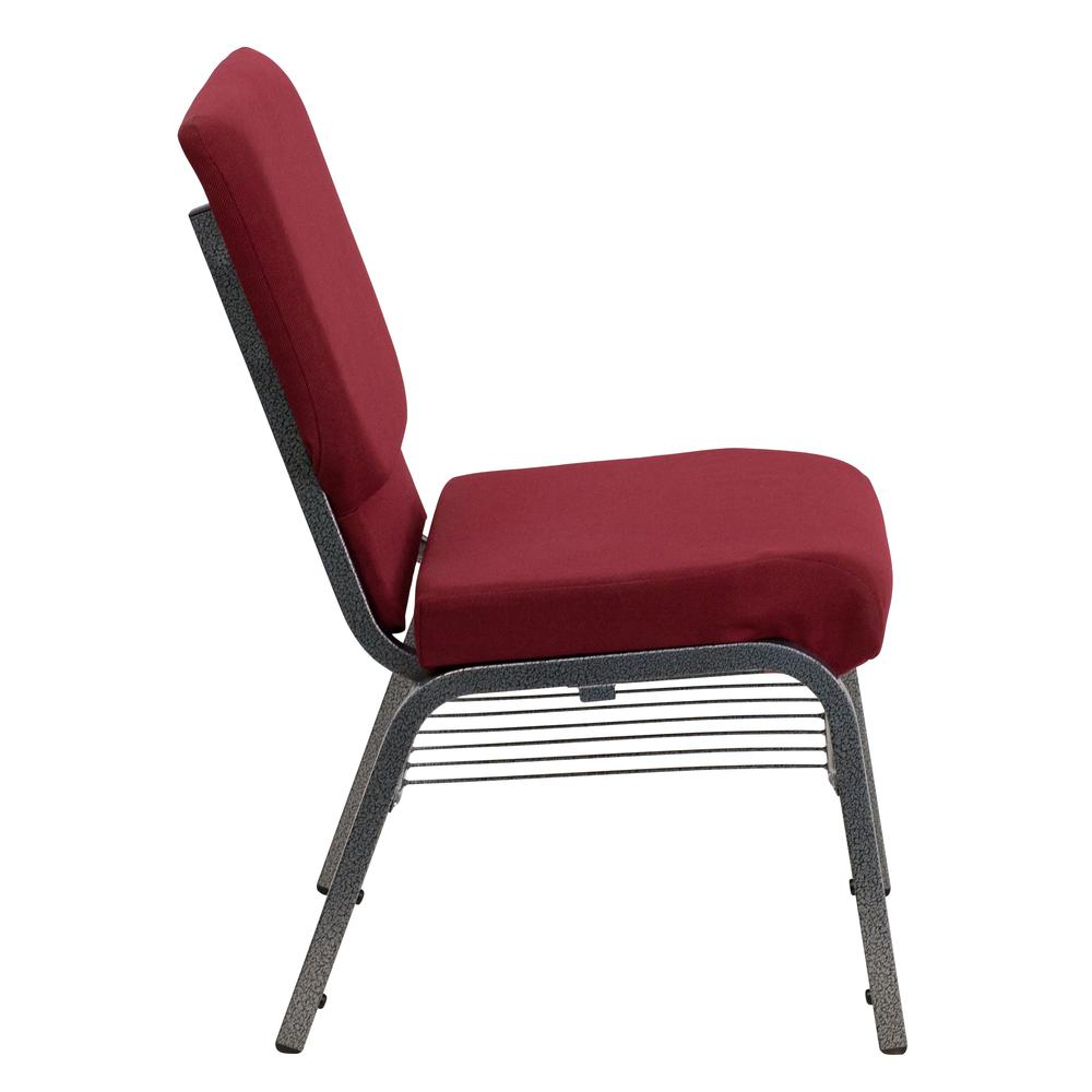 18.5''W Church Chair in Burgundy Fabric with Book Rack - Silver Vein Frame. Picture 2