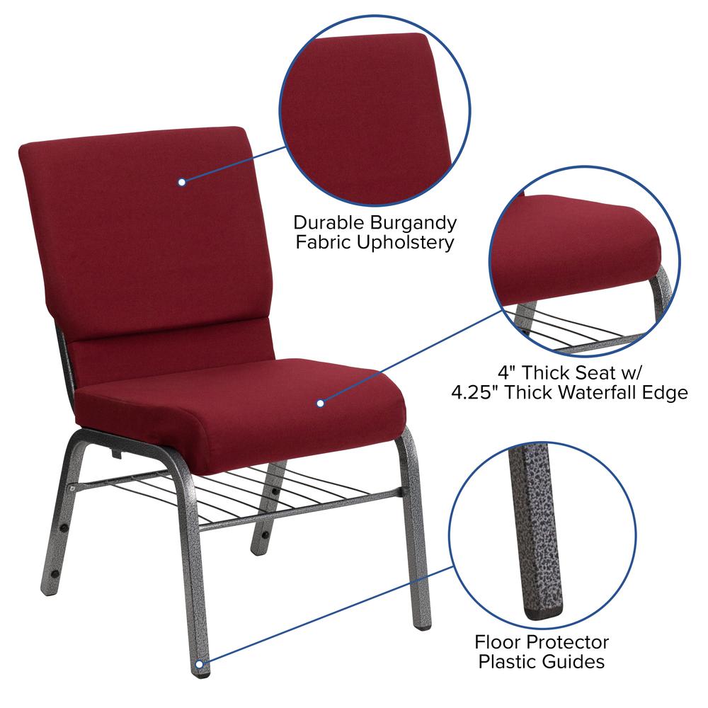 18.5''W Church Chair in Burgundy Fabric with Book Rack - Silver Vein Frame. Picture 5
