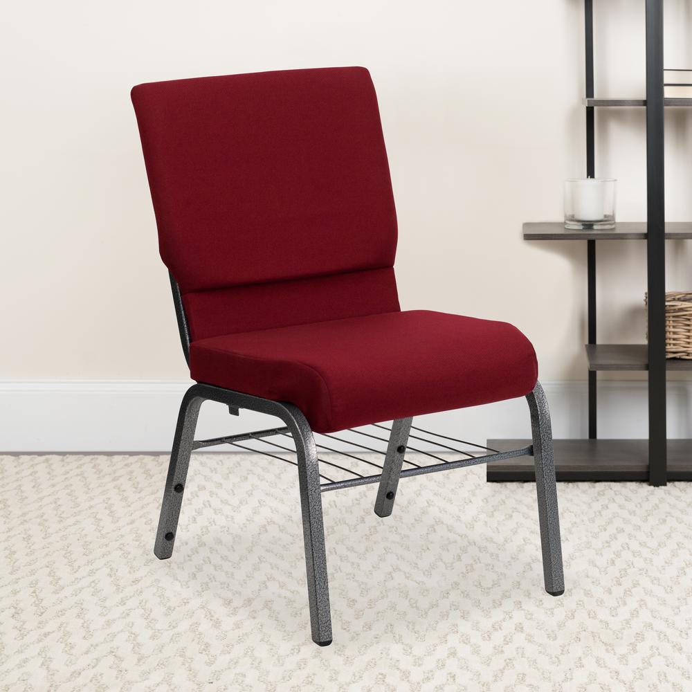 18.5''W Church Chair in Burgundy Fabric with Book Rack - Silver Vein Frame. Picture 8