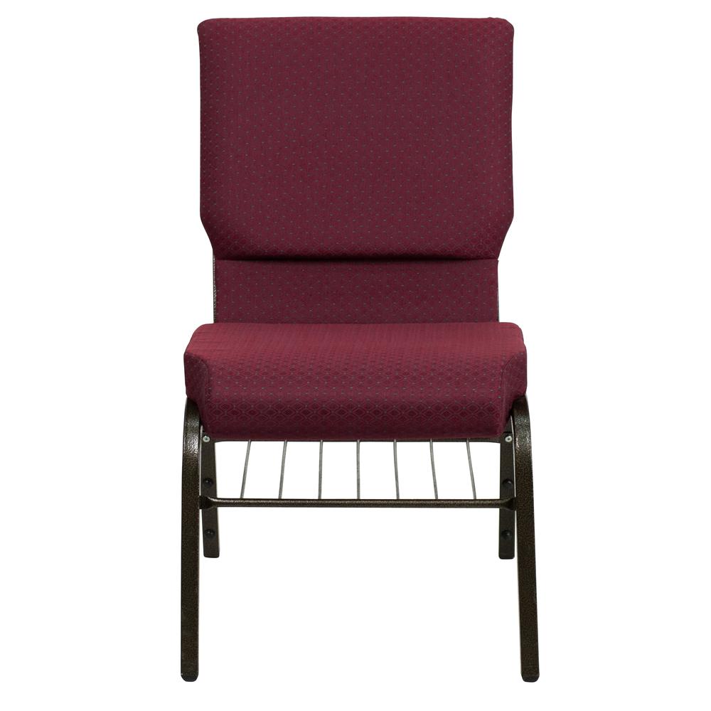 HERCULES Series 18.5''W Church Chair in Burgundy Patterned Fabric with Book Rack - Gold Vein Frame. Picture 4
