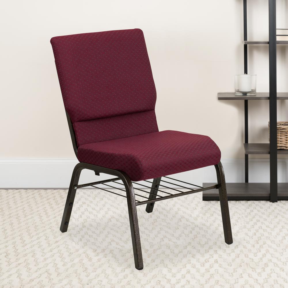 18.5''W Church Chair in Burgundy Patterned Fabric with Book Rack - Gold Vein Frame. Picture 8