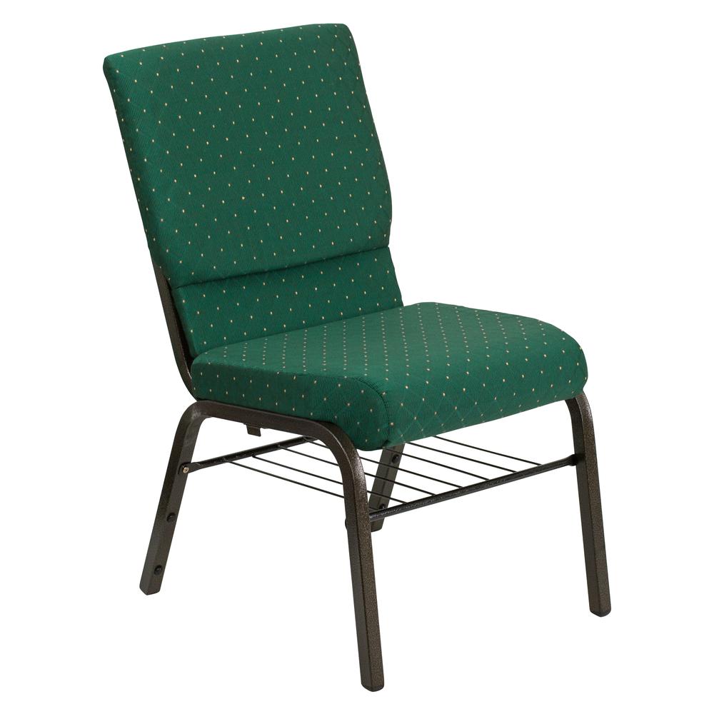 18.5''W Church Chair in Green Patterned Fabric with Book Rack - Gold Vein Frame. Picture 1