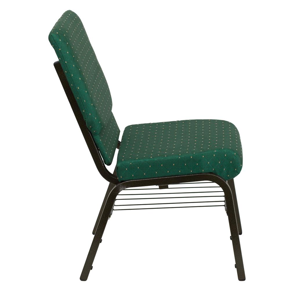 18.5''W Church Chair in Green Patterned Fabric with Book Rack - Gold Vein Frame. Picture 2