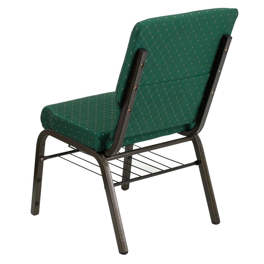 18.5''W Church Chair in Green Patterned Fabric with Book Rack - Gold Vein Frame. Picture 3