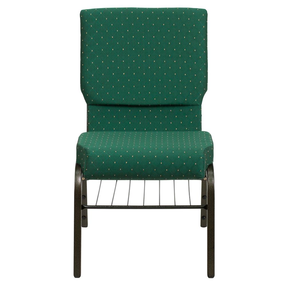 18.5''W Church Chair in Green Patterned Fabric with Book Rack - Gold Vein Frame. Picture 4