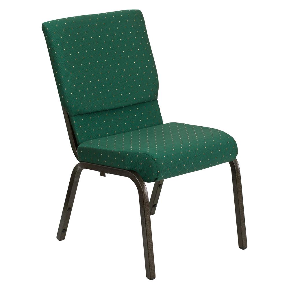 18.5''W Stacking Church Chair in Green Patterned Fabric - Gold Vein Frame. Picture 1