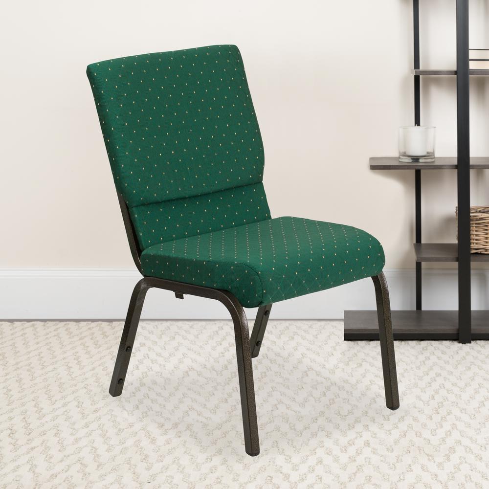 18.5''W Stacking Church Chair in Green Patterned Fabric - Gold Vein Frame. Picture 5