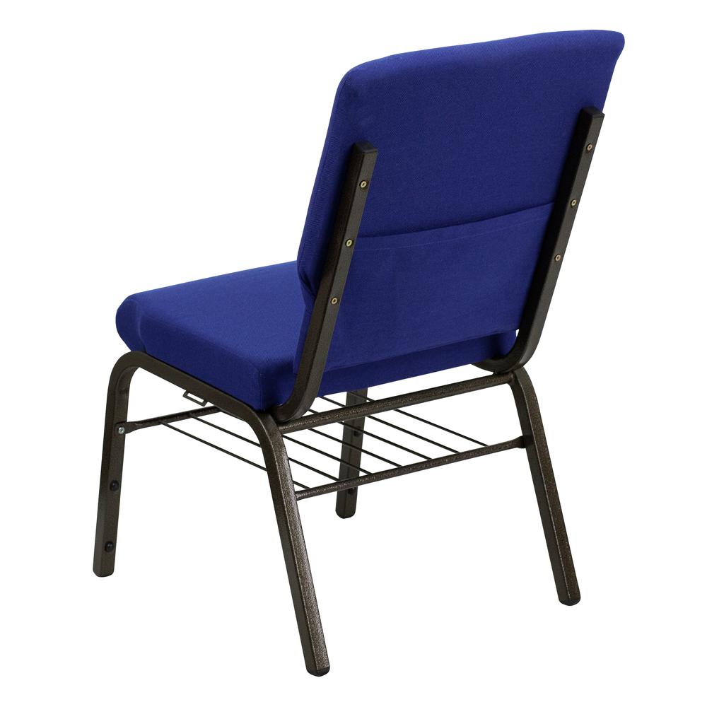 18.5''W Church Chair in Navy Blue Fabric with Book Rack - Gold Vein Frame. Picture 3