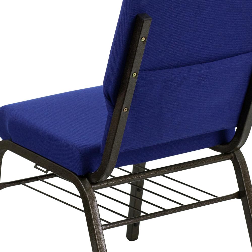 18.5''W Church Chair in Navy Blue Fabric with Book Rack - Gold Vein Frame. Picture 7
