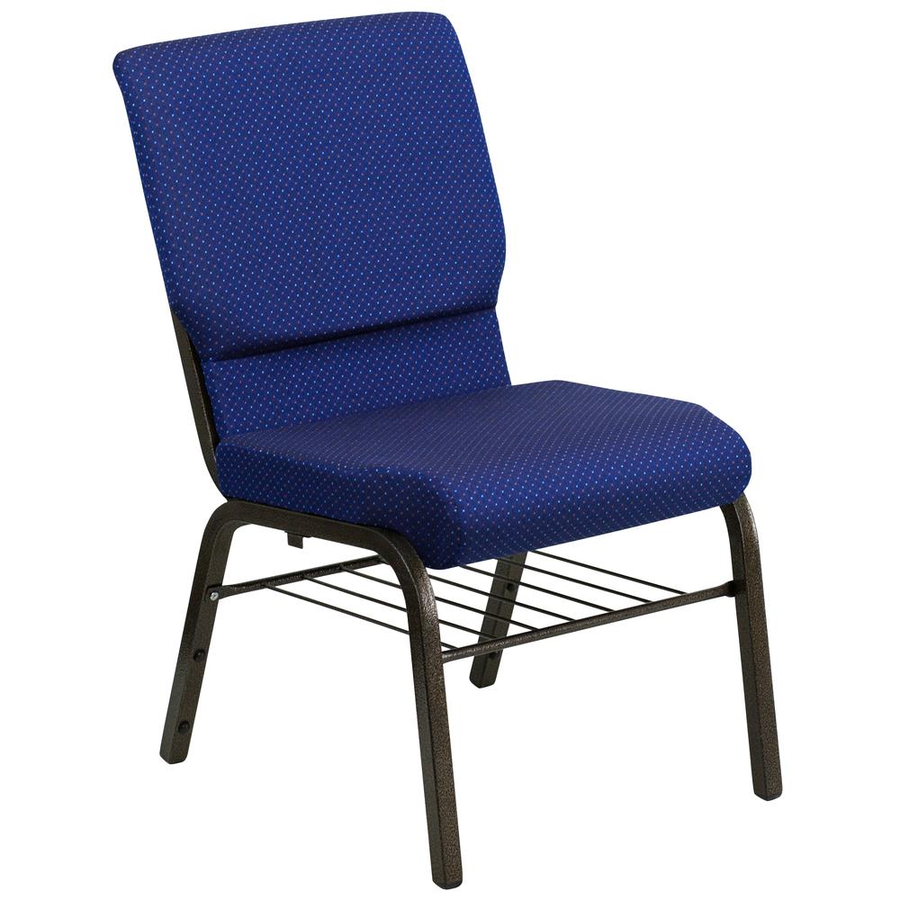 18.5''W Church Chair in Navy Blue Patterned Fabric with Book Rack - Gold Vein Frame. Picture 1