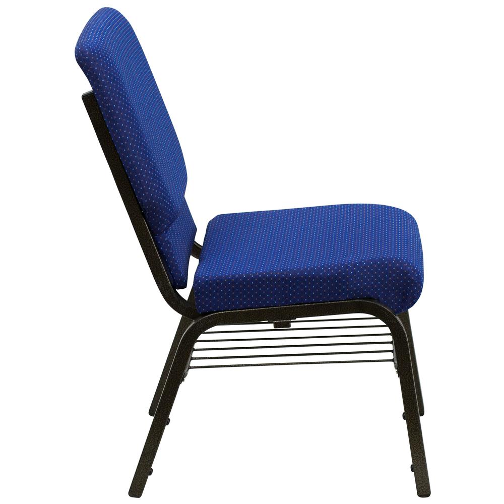18.5''W Church Chair in Navy Blue Patterned Fabric with Book Rack - Gold Vein Frame. Picture 2