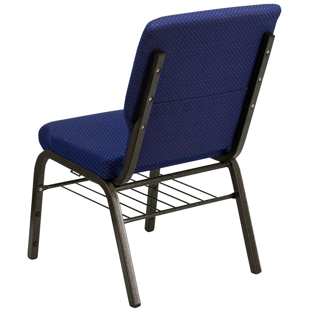 18.5''W Church Chair in Navy Blue Patterned Fabric with Book Rack - Gold Vein Frame. Picture 3