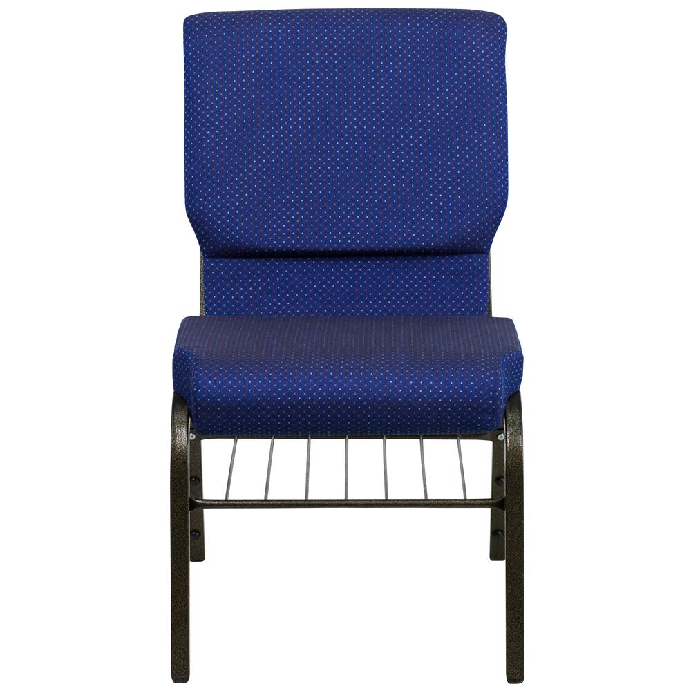18.5''W Church Chair in Navy Blue Fabric with Book Rack - Gold Vein Frame. Picture 4