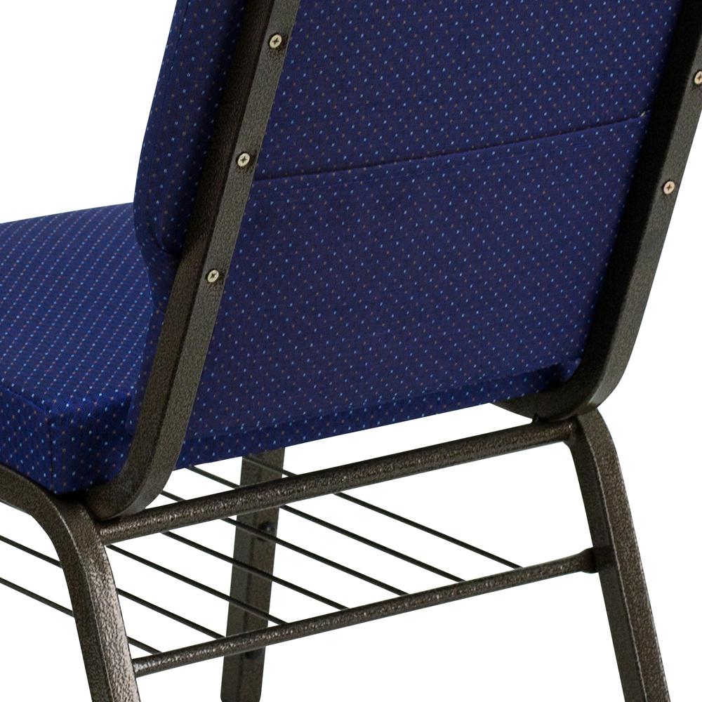18.5''W Church Chair in Navy Blue Patterned Fabric with Book Rack - Gold Vein Frame. Picture 7