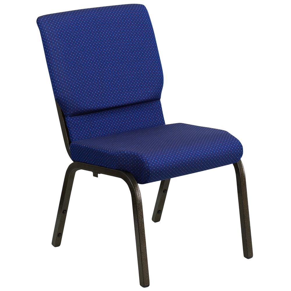 18.5''W Stacking Church Chair in Navy Blue Patterned Fabric - Gold Vein Frame. Picture 1
