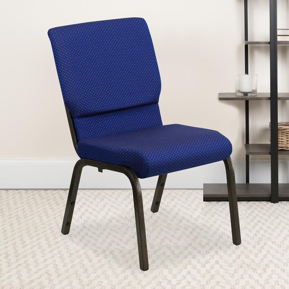 18.5''W Stacking Church Chair in Navy Blue Patterned Fabric - Gold Vein Frame. Picture 8