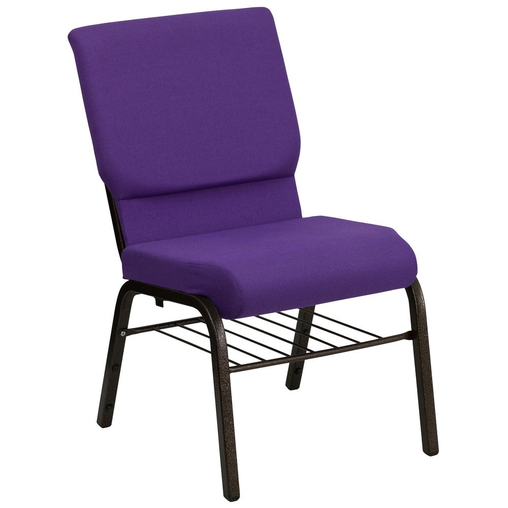 18.5''W Church Chair in Purple Fabric with Book Rack - Gold Vein Frame. Picture 1