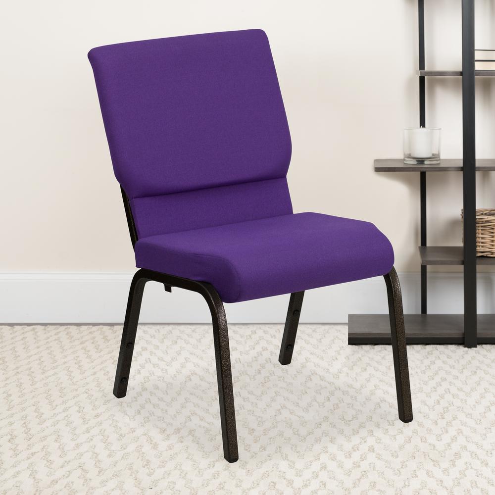 18.5''W Stacking Church Chair in Purple Fabric - Gold Vein Frame. Picture 8