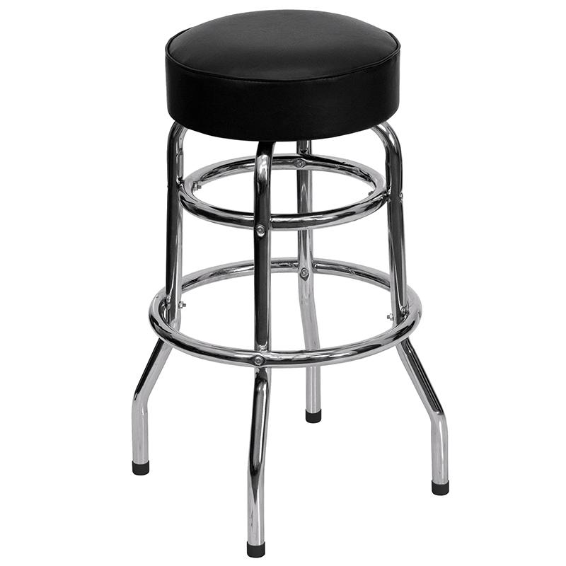Double Ring Chrome Barstool with Black Seat. Picture 1
