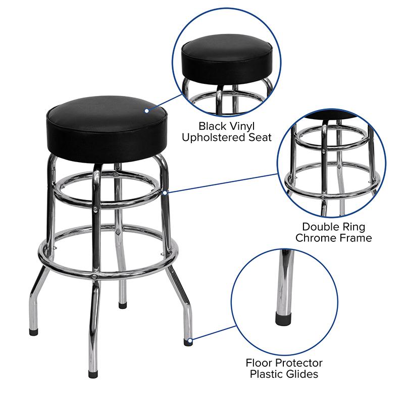 Double Ring Chrome Barstool with Black Seat. Picture 8