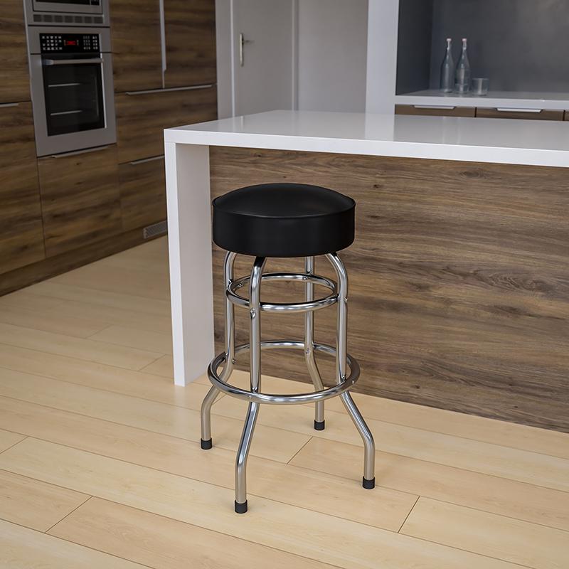 Double Ring Chrome Barstool with Black Seat. Picture 2