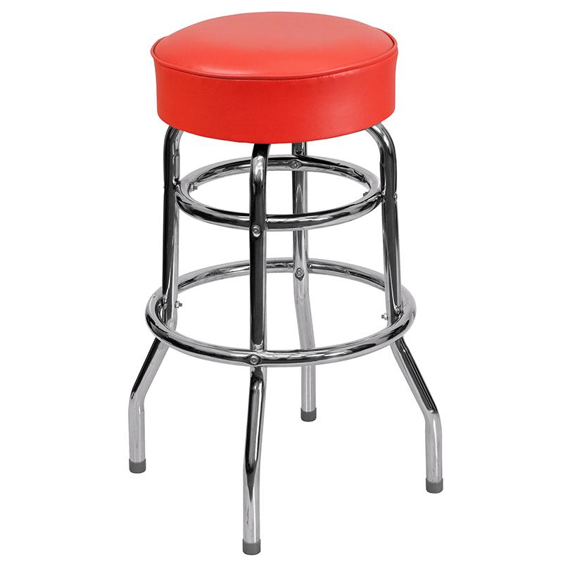 Double Ring Chrome Barstool with Red Seat. Picture 1