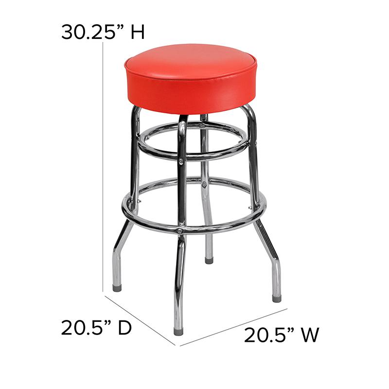 Double Ring Chrome Barstool with Red Seat. Picture 7