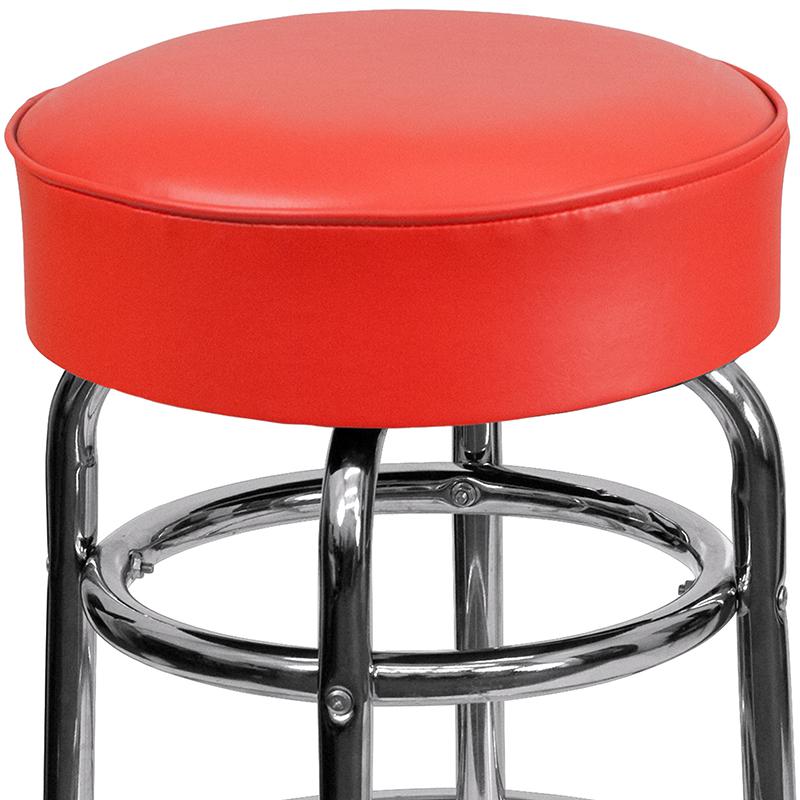 Double Ring Chrome Barstool with Red Seat. Picture 2