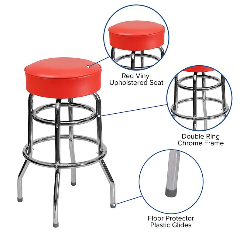 Double Ring Chrome Barstool with Red Seat. Picture 8