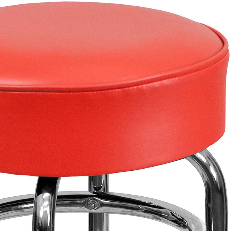 Double Ring Chrome Barstool with Red Seat. Picture 3