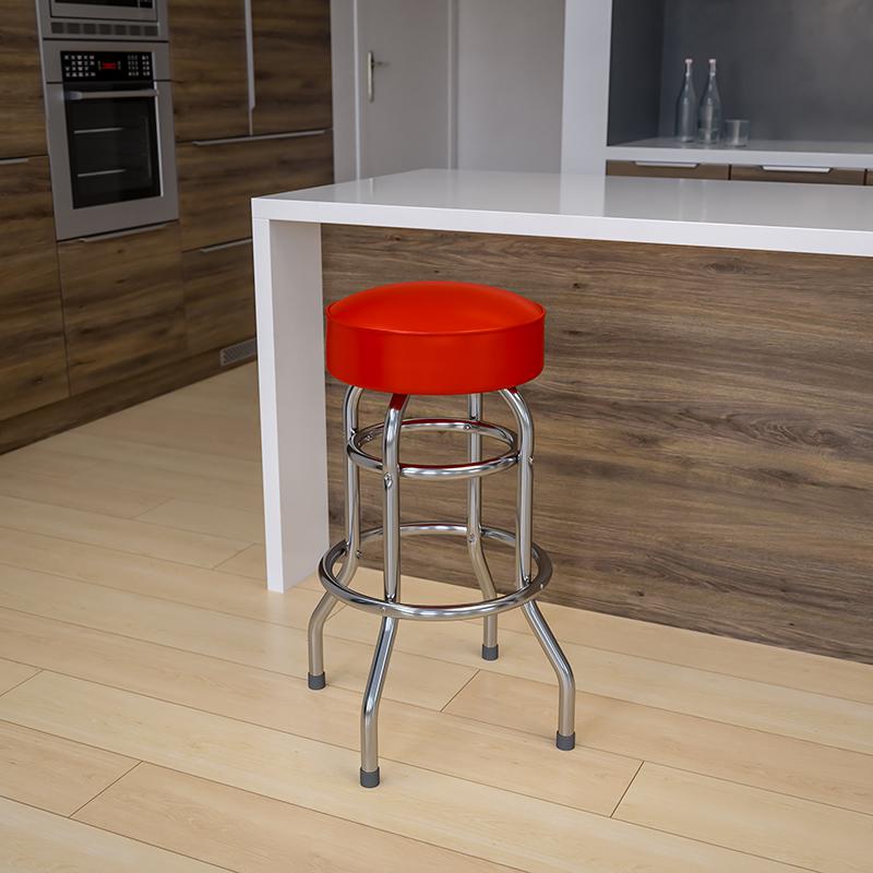 Double Ring Chrome Barstool with Red Seat. Picture 3
