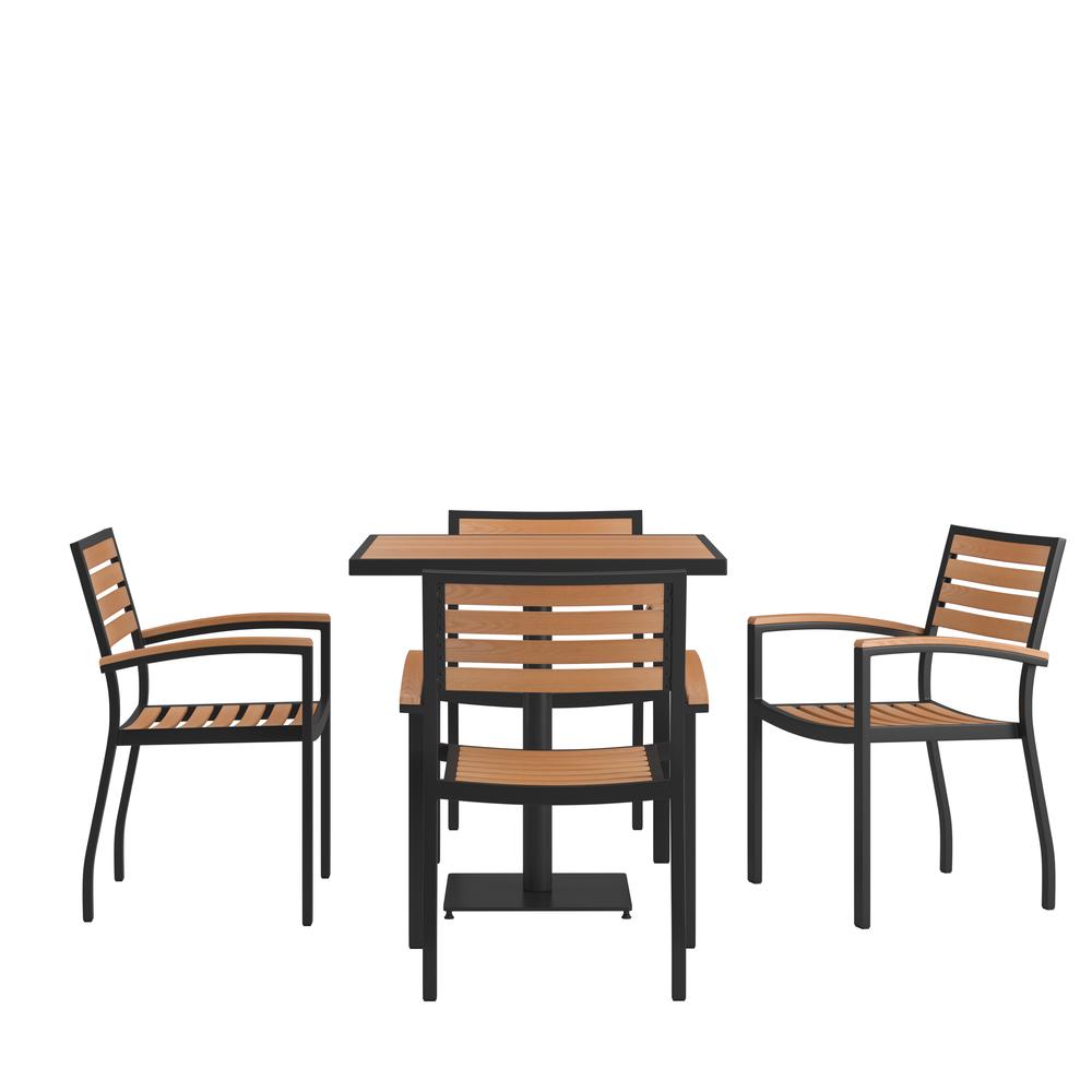 Indoor/Outdoor 5 Piece Patio Dining Table Set with 30" Square Faux Teak Table & 4 Stacking Club Chairs with Teak Accented Arms. Picture 1