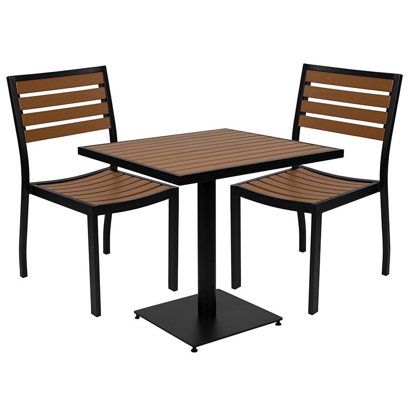 Outdoor Patio Bistro Dining Table Set with 2 Chairs and Faux Teak Poly Slats. Picture 2