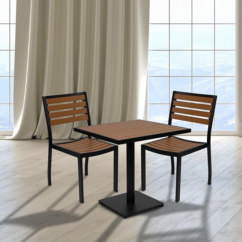 Outdoor Patio Bistro Dining Table Set with 2 Chairs and Faux Teak Poly Slats. Picture 1