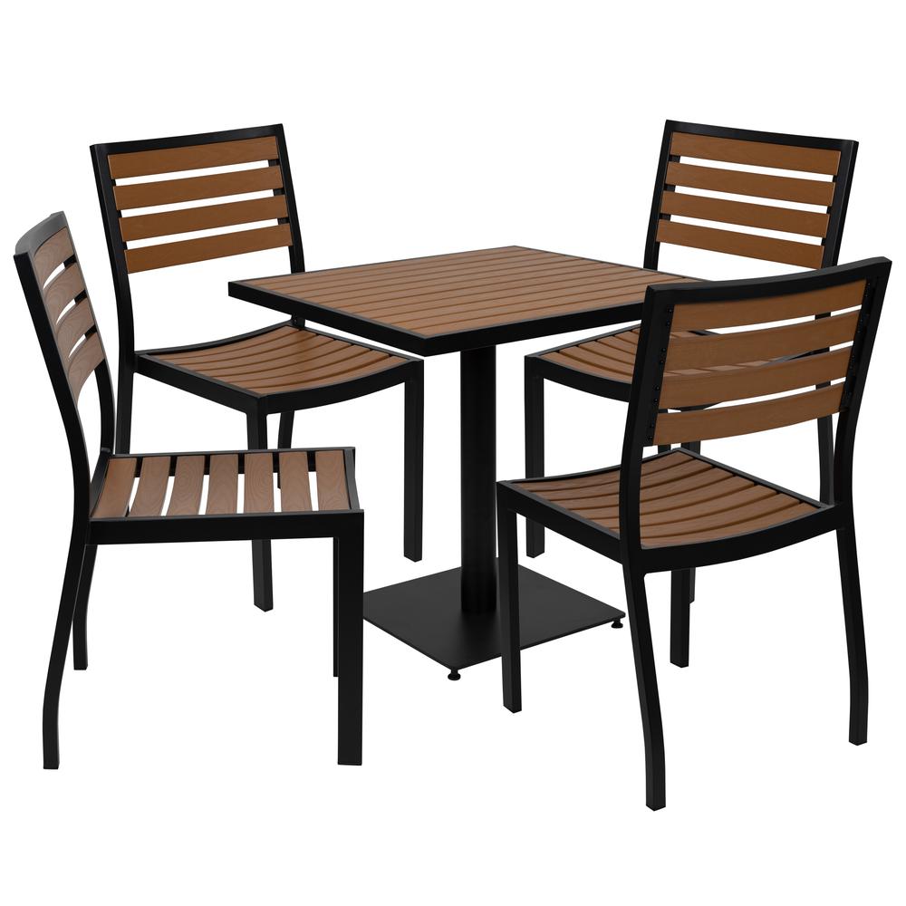 Outdoor Patio Bistro Dining Table Set with 4 Chairs and Faux Teak Poly Slats. Picture 2