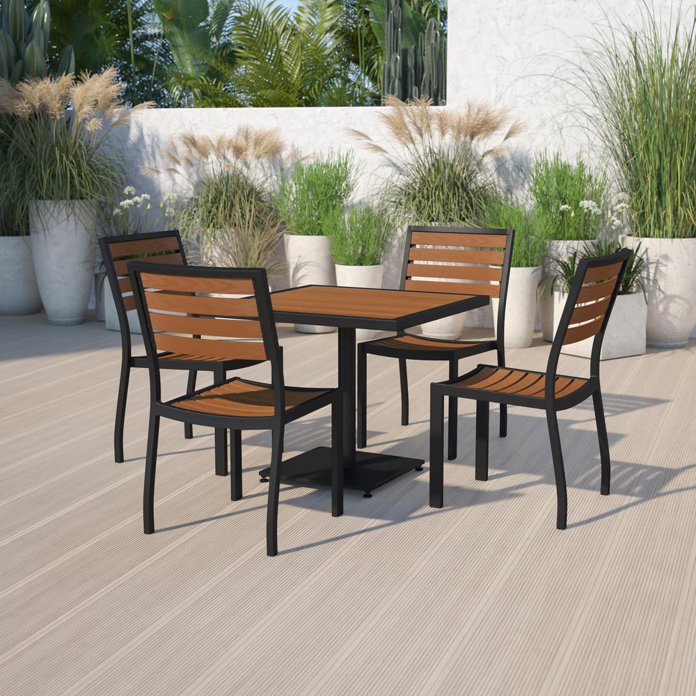Outdoor Patio Bistro Dining Table Set with 4 Chairs and Faux Teak Poly Slats. Picture 1
