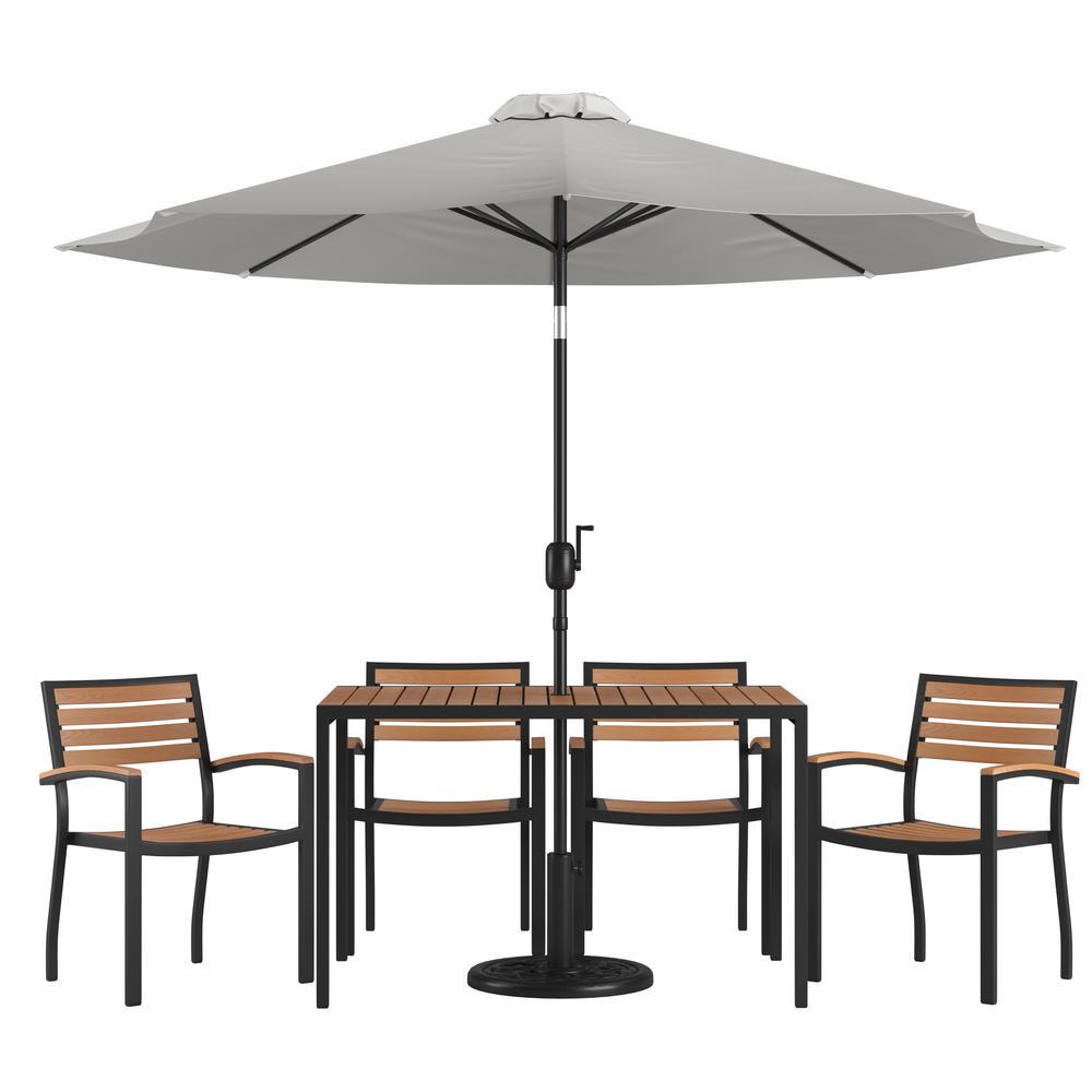 7 Piece Table Set with 4 Stackable Chairs, 30" x 48" Table, Gray Umbrella, Base. Picture 1