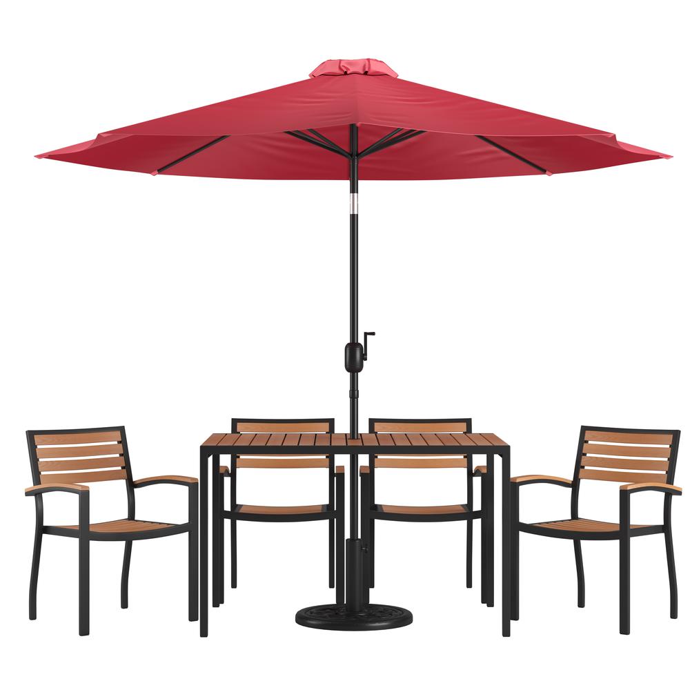 7 Piece Table Set with 4 Stackable Chairs, 30" x 48" Table, Red Umbrella, Base. Picture 1