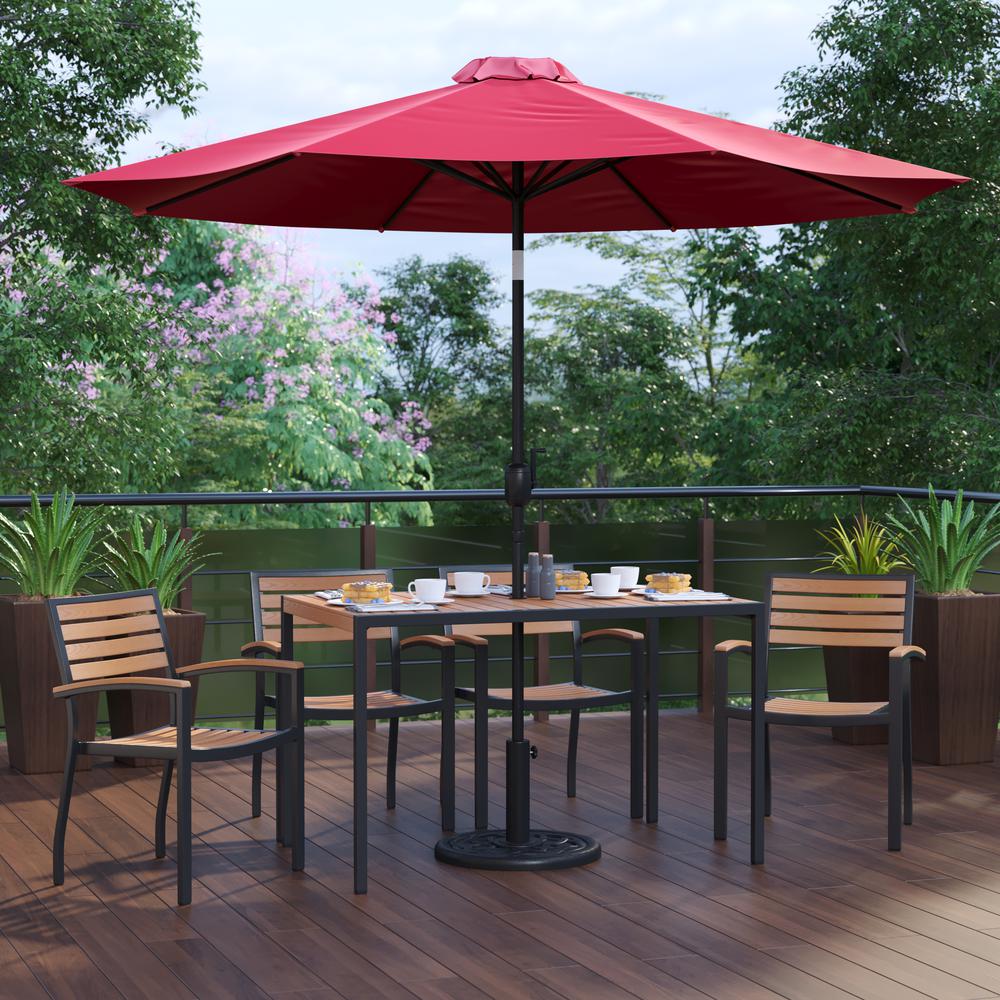 7 Piece Table Set with 4 Stackable Chairs, 30" x 48" Table, Red Umbrella, Base. Picture 2